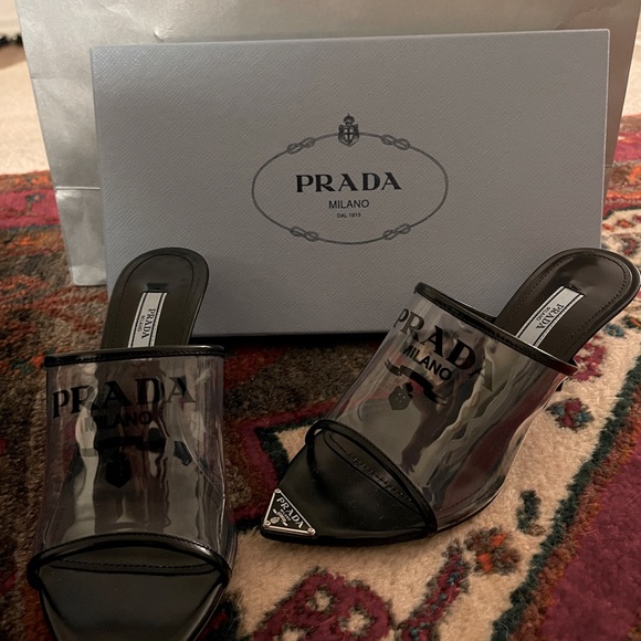 PRADA Logo-print Plexiglas high-heel slides-Prada mules - Picture 9 of 13